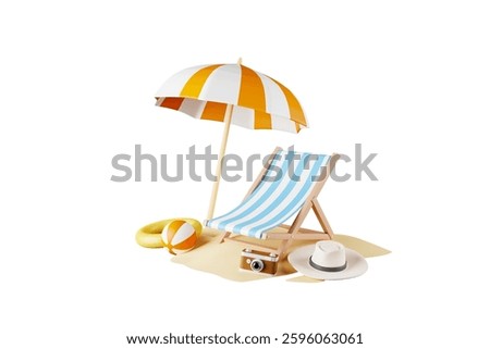 3D small island with suitcase. suitcase render, camera and hat. travel inspired design elements. vacation or holiday. 3D illustration