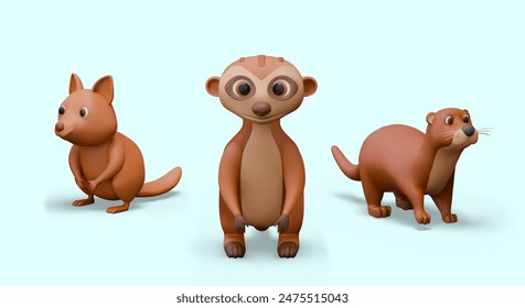 3D small wild animals in cartoon style. Vector creatures on blue background