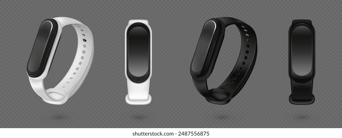 3D-Smart Bands werden isoliert auf transparentem Hintergrund gesetzt. Vektorgrafik realistische Darstellung des Handgelenks Smartwatch mit Schwarz-Weiß-Armband, schwarze Anzeige Mockup, elektronisches Gadget, Fitness-Tracker