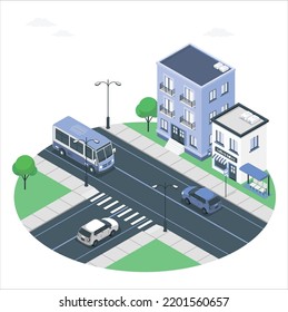 3D Smart City With Contemporary Buildings, People And Traffic. Flat Vector Illustration. Isometric City Vector. Smart Town With Road, Car, Bus, Smart City And Public Building, Vector Building