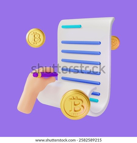 3d Smart Contract Digital Signature Concept Cartoon Design Style Document and Human Hand Holding Pen. Vector illustration