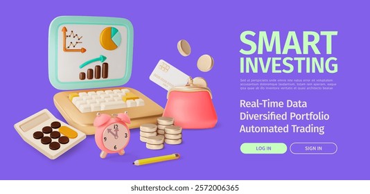 3d Smart Investing Financial and Banking Services Concept Ads Banner Poster Card. Vector illustration of Laptop with Calculator and Purse Wallet