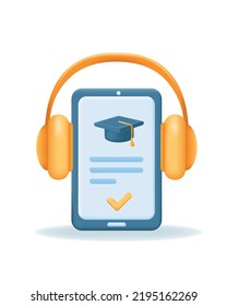 3d smart phone with graduate cap on screen and yellow headphones. Online Education, e-learning concept. Realistic Vector illustration.