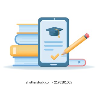 3D Smartphone mit Graduiertenkappe auf Bildschirm, Stapel von Büchern und Bleistift. Online-Bildung, e-Learning-Konzept. Realistische Vektorgrafik.