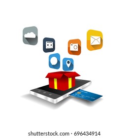 3D smart phone for mobile shopping with icon and opened box. Pay by credit card for non-cash era.