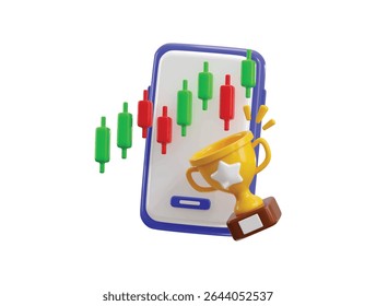 3d Smart phone on funding business graph with trading graph growing business trophy concept for finance business investment 3d trading vector icon illustration