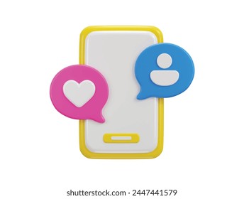 teléfono inteligente 3d con el concepto del icono de la burbuja del discurso del usuario de las redes sociales y como el icono de la Ilustración vectorial de renderización 3d