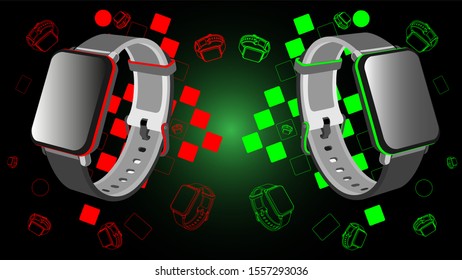 3D smart watch in red and green. Black and gray background with red and green geometric shapes and clock silhouettes. Bright and rich background.