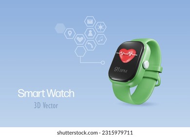 3D smart watch, wrist watch with medical heart beat for fitness tracker and multimedia apps networking, wearable technology. Vector.