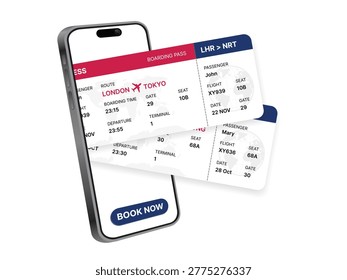 3D Smartphone with Airline Boarding Pass Tickets for Flight Booking, Travel Planning Mobile App Interface, Online Air Ticket and Tourism Service Concept Vector Illustration