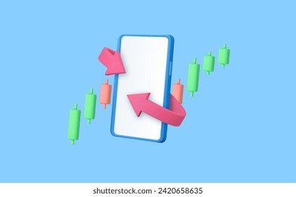 3d Smartphone with arrow around and candlestick chart. Business investment concept. 3d rendering. Vector illustration