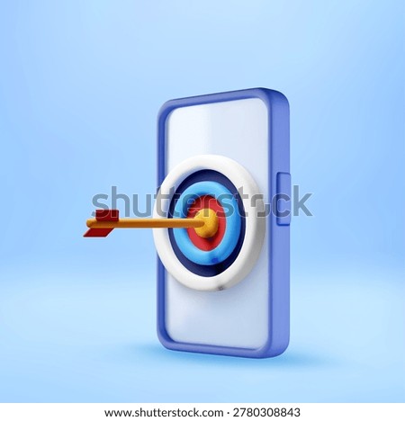 3D Smartphone with arrow hitting bullseye target. Successful business goal achievement. Strategy marketing concept for mobile app development and campaign success. Vector illustration.