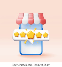 3d smartphone with awning and five star rating bubble. Render phone with rating app icon. Online shopping service feedback. Shop business rating, feedback, survey, quality, review. Vector Illustration