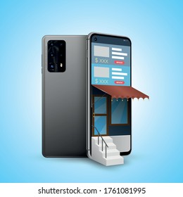 3D smartphone back front with shop perspective vector illustration concept for online shopping on websites or mobile applications concepts of digital marketing. 