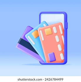 3D Smartphone with Bank Card on Screen Isolated. Digital Payments. Finance, Online Shopping and Banking. Cashless Payment. Secured Transactions, Money Transfer. Vector Illustration