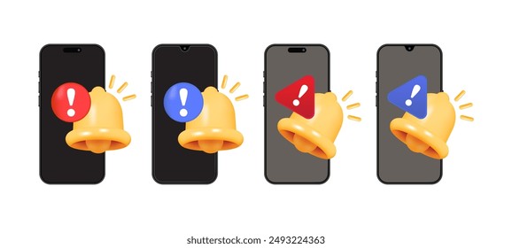 3D Smartphone with Bell Notification Icons Set. Message Notification, Social Media Alerts, New Inbox Messages, Push Notifications and Subscription Reminders. Creative Cartoon Vector Illustrations.