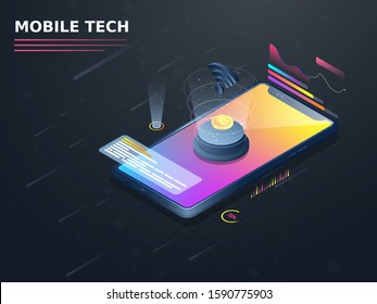 3D Smartphone mit Bitcoin Server und Infografik Multiple Screen for Mobile Technology Concept.
