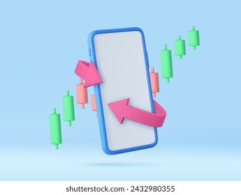 3d smartphone with blank screen and arrow around and candlestick chart. Money back concept. Cashback money for purchases in the online store. 3d rendering. Vector illustration