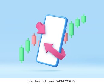 3d smartphone with blank screen and arrow around and candlestick chart. Money back concept. Cashback money for purchases in the online store. 3d rendering. Vector illustration