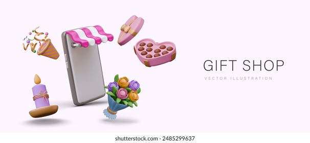 3D-Smartphone mit leerem Bildschirm, Blumenstrauß, Kerze, Süßigkeiten-Box, Konfetti-Cracker