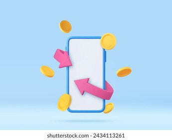 3d smartphone with blank screen and bright arrow around and coins. Money back concept. Cashback money for purchases in the online store. 3d rendering. Vector illustration