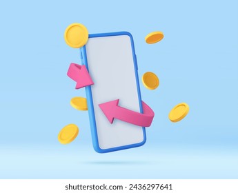 3d smartphone with blank screen and bright arrow around and coins. Money back concept. Cashback money for purchases in the online store. 3d rendering. Vector illustration