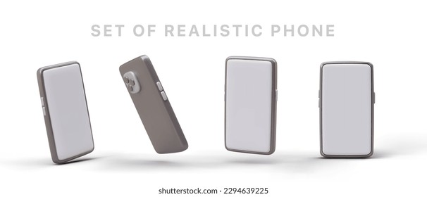 3D smartphone with blank screen. Set of realistic icons of gray smartphones with cameras and side buttons. Object rotation. Symbol of modern communication, fashionable device