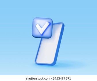 3D smartphone with blue check mark. Render checkmark on smart phone screen. Confirmation, right choice concept. Agreement, approval or trust symbol. Vector illustration