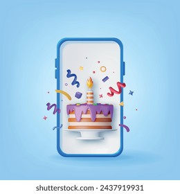 3D Smartphone and Cake with Candle and Confetti. Render Phone with Chocolate Cake Decorated with Glaze Icing. Sweet Party Pie, Online Holiday Anniversary, Celebration Dessert Gift. Vector Illustration