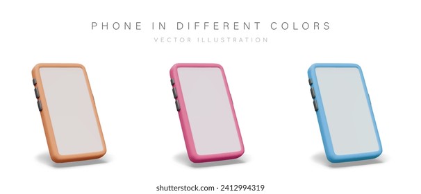 3D smartphone with case of different colors. Modern gadget with blank screen