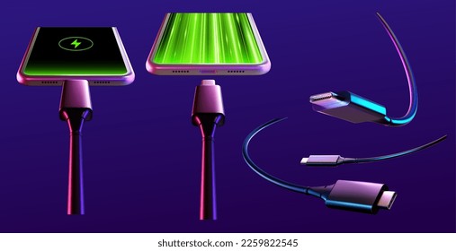 3D smartphone charger cable set isolated on dark blue background. Including phones with charging sign and light effect on screens, and cables with type C adapter.