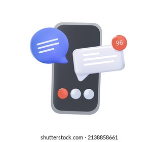 Smartphone 3D con iconos de charla de burbuja de chat y notificación de fondo azul. Iconos de chat de grupo. Ilustración vectorial. Plantilla de burbujas de mensajes con teléfono móvil. Chateando sms en smartphone. vector 3D