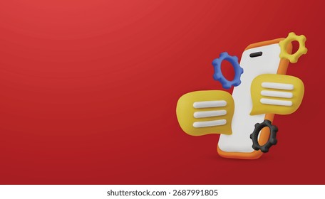 Smartphone 3D con burbujas de chat y engranajes. Un concepto de Asistencia al cliente, servicios de chatbot y asistencia técnica.