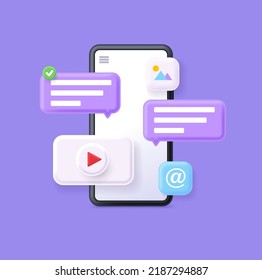 3d smartphone with chat bubbles. Talk, dialogue, messenger or online support concept. transfer of multimedia files, videos, images. Mobile phone with speech bubbles on the screen. Vector illustration