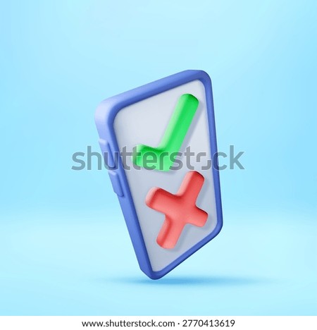 3D Smartphone with check mark and cross sign on screen. Mobile device showing selection concept. Choice between true or false, affirmative or negative decision, internet test poll. Vector illustration