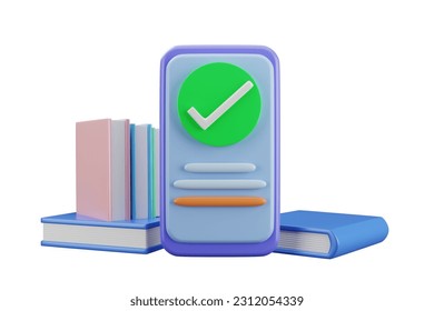 3d smartphone with check mark on screen. Stack of books. Online education, online learning concept. 3d illustration.