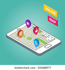 3D Smartphone with city map. Modern infographic template. Isometric vector illustration.