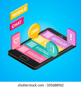 3D Smartphone with colorful speech bubbles on a blue background. Mobile chat. Modern infographic template. Isometric vector illustration.
