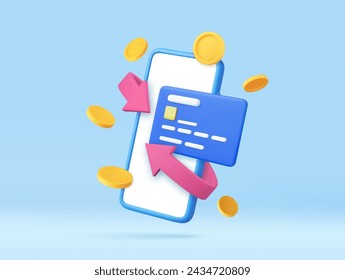 3d smartphone with credit card and bright arrow around and coins. Money back concept. Cashback money for purchases in the online store. 3d rendering. Vector illustration