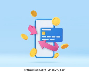 3d smartphone with credit card and bright arrow around and coins. Money back concept. Cashback money for purchases in the online store. 3d rendering. Vector illustration