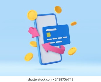 3d smartphone with credit card and bright arrow around and coins. Money back concept. Cashback money for purchases in the online store. 3d rendering. Vector illustration