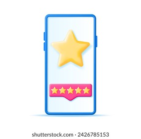 3D Smartphone with Customer Feedback Isolated. Reviews Toy Round Star in Phone Realistic Render. Testimonials, Rating, Feedback, Survey, Quality and Review. Achievements or Goal. Vector Illustration