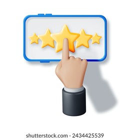 3D Smartphone with Customer Feedback Isolated. Reviews Toy Round Star in Phone Realistic Render. Testimonials, Rating, Feedback, Survey, Quality and Review. Achievements or Goal. Vector Illustration