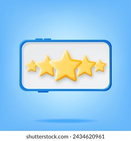 3D Smartphone with Customer Feedback Isolated. Reviews Toy Round Star in Phone Realistic Render. Testimonials, Rating, Feedback, Survey, Quality and Review. Achievements or Goal. Vector Illustration