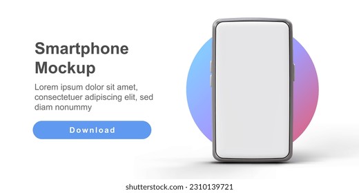 3D smartphone with empty screen. Touchscreen template for advertising. Phone mockup on colored background. Horizontal banner for social networks, website pages. Illustration with text and button