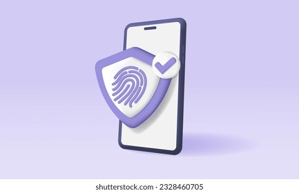 3d smartphone, fingerprint scanner, mobile network protection, secure internet connection. Mobile data protection concept.