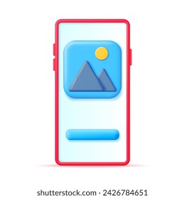 3D Smartphone with Gallery Icon Isolated. Mountains with Sun Under Blue Sky. Cartoon Render Photo Icon. App Image File. JPG Photo Symbol on Mobile Phone. Geometric Elements Design. Vector Illustration