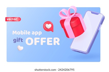 3d smartphone gift. Smartphone shop event, free gifts mobile discount purchase, opening phone shopping store buying present love prize realistic vector illustration of smartphone business present