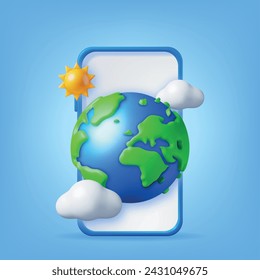 3d Smartphone with Globe or Earth, Sun and Clouds. Render Mobile Phone and Planet Earth on Screen. Weather, Booking, Transportation, Traveling. Cartography and Geography Earth Day. Vector Illustration