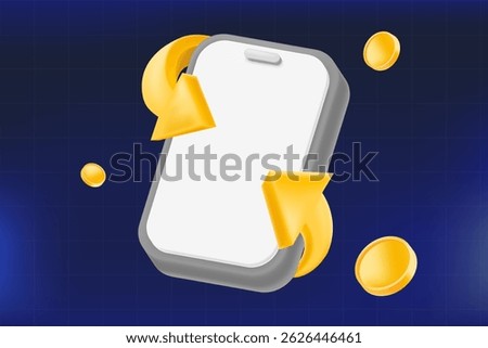 3D smartphone with gold yellow rotating arrows and coins, payment, cashback app, money transfer, or e-wallet. vector illustration